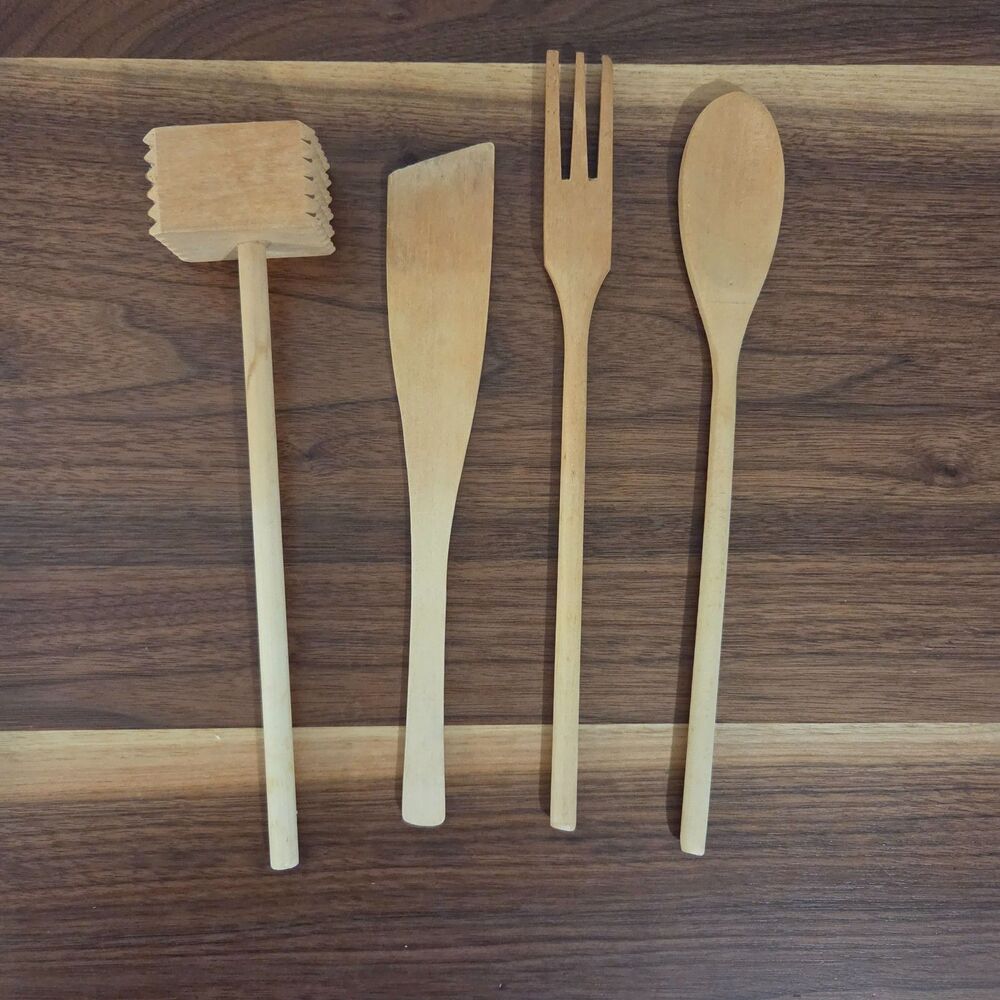 Vintage Wooden Spoon Utensil Lot of 4 Primitive Rustic Kitchen Decor Old Cooking